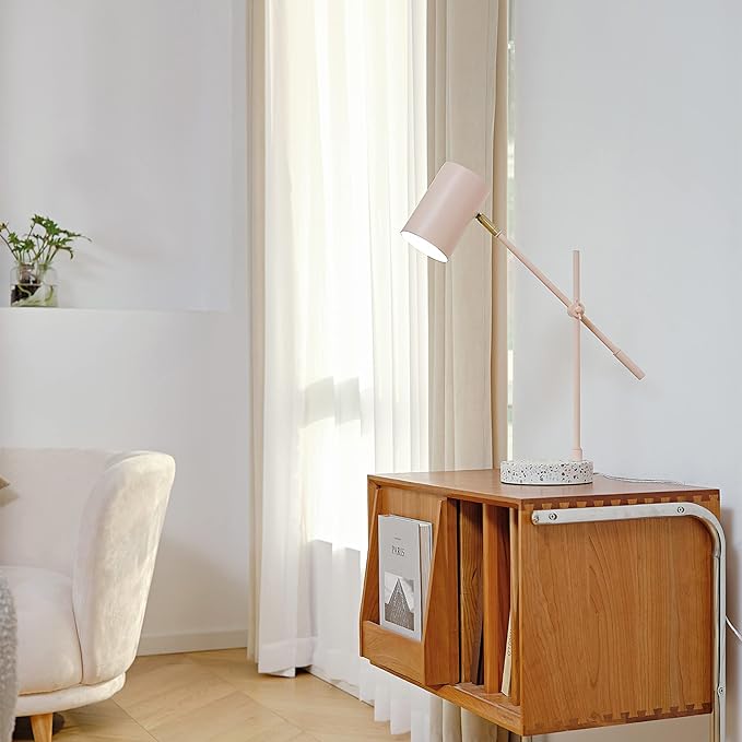 Globe Electric 30292 18" Desk/Table Lamp, Matte Pink, Matte Brass Accent, Terrazzo Base, Adjustable Height, Balance Arm, in-Line Rocker On/Off Switch, Adjustable Lamp, Home Office Accessories - LeafyLoom