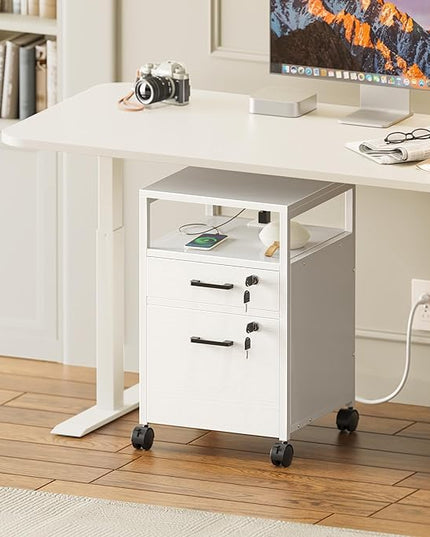 SUPERJARE File Cabinet with Lock & Charging Station, 2 Drawers Rolling Filing Cabinet, Office File Cabinet with Wheels & Open Shelf, for Home Office, A4/Letter Size Files - White - LeafyLoom