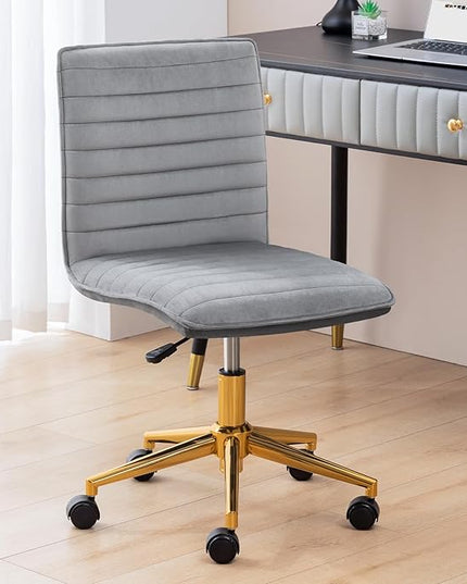 Furniliving Home Office Chair, Armless Vanity Chair with Wheels Swivel Velvet Computer Rolling Desk Chair with Back, Adjustable Accent Chair with Gold Metal Base Stool Chair,Gray - LeafyLoom
