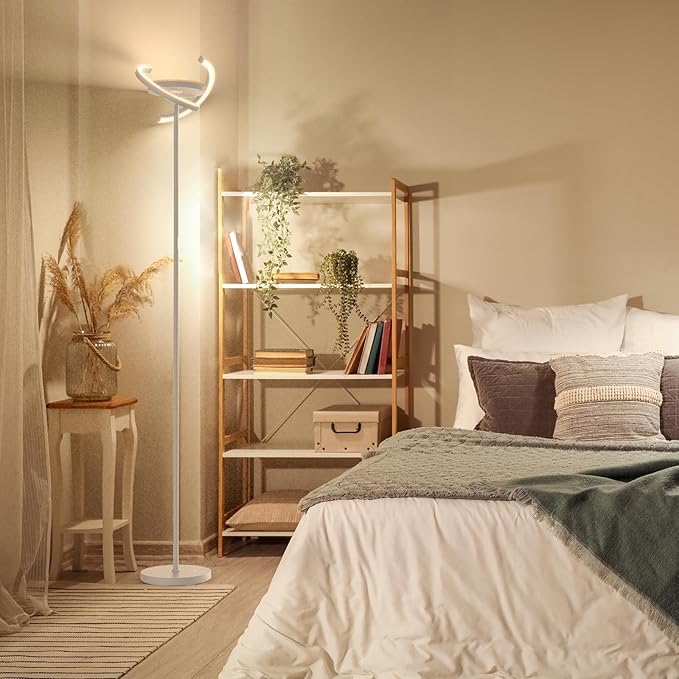 FIMEI Modern LED Floor Lamp Saturn Ring Original Design, Stepless Dimming and 3 Color Temperature, Rotatable and Independent Control of Round Light and Ring Light for Living Room Bedroom Office, White - LeafyLoom
