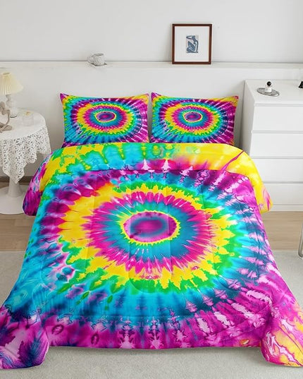 2 Piece Rainbow Tie Dye Comforter Set with 1 Pillowcase Boho Psychedelic Bedding Set for Kids Girls Teens Bohemian Gypsy Exotic Spiral Quilted Duvet Soft Comfy, Watercolor Art Down Comforter,Twin - LeafyLoom
