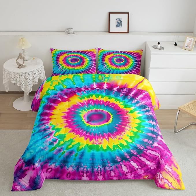 2 Piece Rainbow Tie Dye Comforter Set with 1 Pillowcase Boho Psychedelic Bedding Set for Kids Girls Teens Bohemian Gypsy Exotic Spiral Quilted Duvet Soft Comfy, Watercolor Art Down Comforter,Twin - LeafyLoom