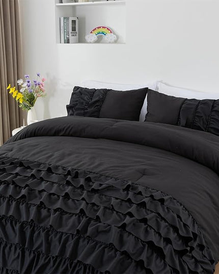 A Nice Night Waterfall Flutter Ruffle 3PCS Comforter Set,Chic Ruffled Textured Princess Bedding Set,Black,Twin - LeafyLoom