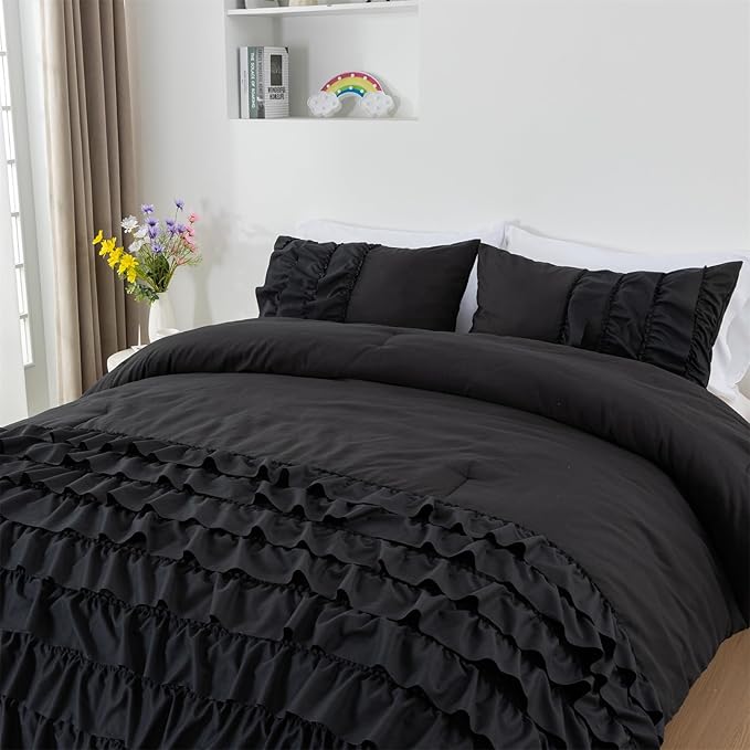 A Nice Night Waterfall Flutter Ruffle 3PCS Comforter Set,Chic Ruffled Textured Princess Bedding Set,Black,Twin - LeafyLoom