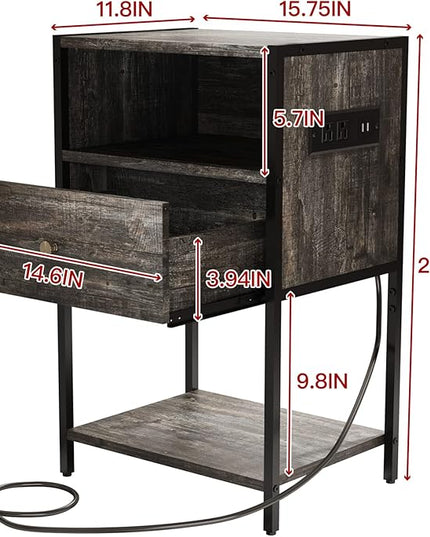 LDTTCUK Nightstand with Charging Station, Modern End Table with Drawer, Bedside Table with Open Storage for Bedroom, Retro Grey - LeafyLoom