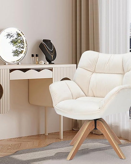 Fabric Accent Chair, Modern Cozy Vanity Chair with Wood Legs, Upholstered Single Boucle Armchair Single Sofa for Living Room Bedroom Office Guest Room Dining Room (Beige) - LeafyLoom