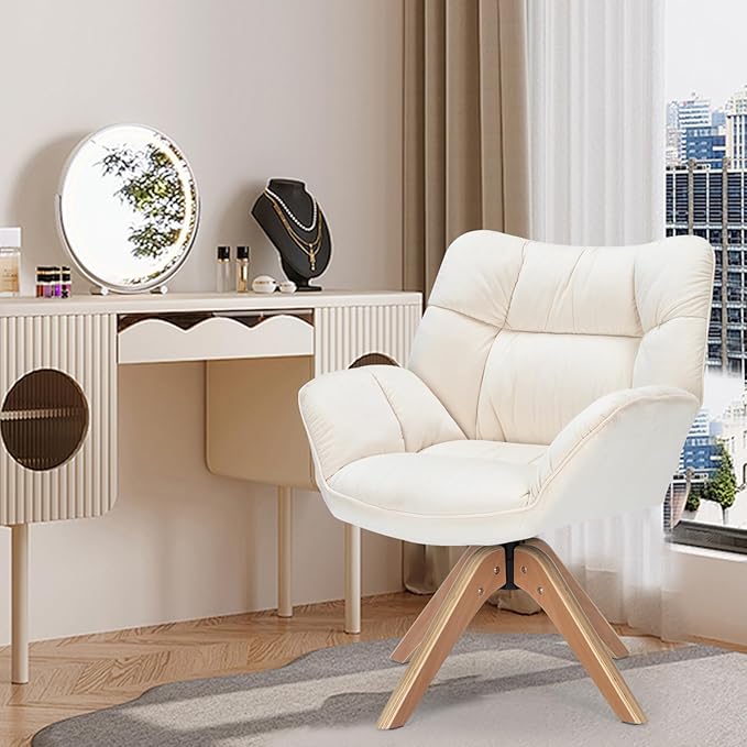Fabric Accent Chair, Modern Cozy Vanity Chair with Wood Legs, Upholstered Single Boucle Armchair Single Sofa for Living Room Bedroom Office Guest Room Dining Room (Beige) - LeafyLoom