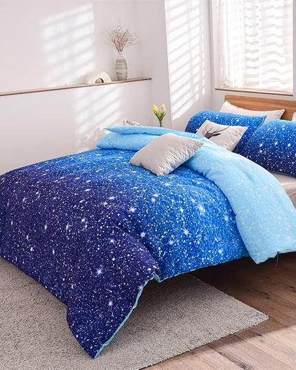 Holawakaka Kids Space Star Galaxy Bedding Comforter Set Twin/Twin XL Size Boys Girls Blue Indigo Ombre Print Gradient Glitter Stars Bed Sets (Blue, Twin) - LeafyLoom