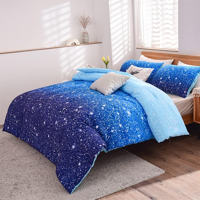 Holawakaka Kids Space Star Galaxy Bedding Comforter Set Twin/Twin XL Size Boys Girls Blue Indigo Ombre Print Gradient Glitter Stars Bed Sets (Blue, Twin) - LeafyLoom