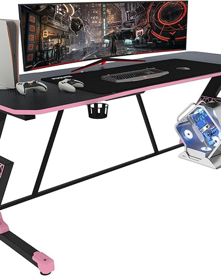 63 Inch Gaming Desk, with Carbon Fiber Surface, Lightning-Shaped PC Computer Table, with Headphone Holder, Cup Holder, Cable Management Box, Gaming Table for Gamer, Black&Pink - LeafyLoom