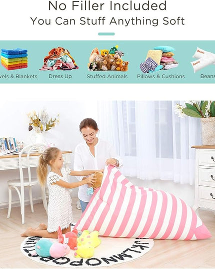 Aubliss Stuffed Animal Storage Bean Bag Chairs Cover, 50"x 35" Extra Large Bean Bags Chair for Kids & Adults, Beanbag Toy Storage for Boys Girls - Premium Cotton Canvas Pink Stripe - LeafyLoom