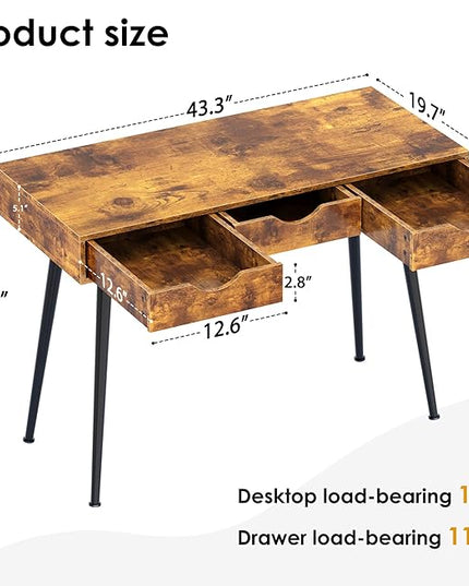 DlandHome Computer Desk,Office desk 43.3” X 20“ Inchs Standing with Drawers, Gaming Desk for Computer, Gaming, Laptop in Home Office,Bedroom,Living Room, Vintage - LeafyLoom