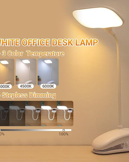 LED Desk Lamp with Clamp, Eye-Caring Clip on Lights for Home Office, 3000mAh Rechargeable Battery Operated Table Lamps,3 Lighting Modes & Brightness Dimmer Light for Kids Students - LeafyLoom