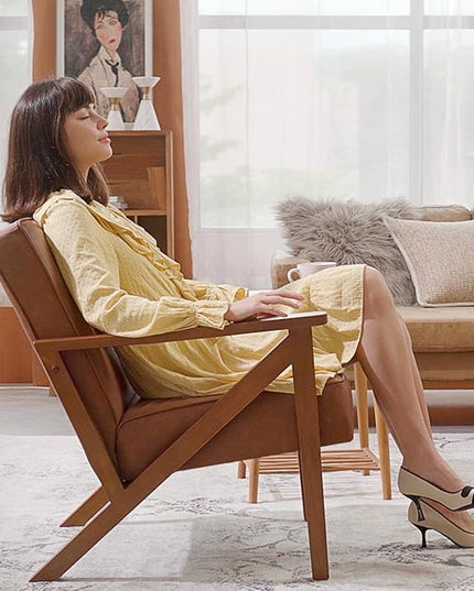 Yaheetech Accent Chair Faux Leather Armchair Lounge Chair with Wood Frame, Modern Retro Lounge Chair for Living Room/Office/Reception Area, Light Brown - LeafyLoom