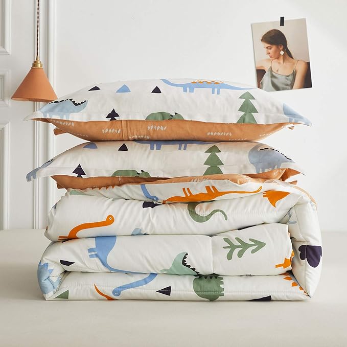 Joyreap 3pcs Cotton Comforter Set for Kids, Dinosaur Full/Queen Size Cotton Bedding Comforter for Boys Girls, White n Orange Reversible Design, Soft n Cozy Comforter for All Season- 88x88 inches - LeafyLoom
