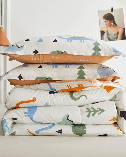 Joyreap 3pcs Cotton Comforter Set for Kids, Dinosaur Twin Size Cotton Bedding Comforter for Boys Girls, White n Orange Reversible Design, Soft n Cozy Comforter for All Season- 68x88 inches - LeafyLoom