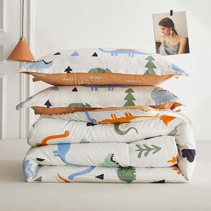 Joyreap 3pcs Cotton Comforter Set for Kids, Dinosaur Twin Size Cotton Bedding Comforter for Boys Girls, White n Orange Reversible Design, Soft n Cozy Comforter for All Season- 68x88 inches - LeafyLoom