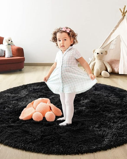 Black Round Rug for Bedroom, Super Fluffy Circle Rugs for Baby Nursery, 4'X4' Feet Furry Carpet for Children Kids Room, Cute Soft Shaggy Rug for Girls Home Decor, Fuzzy Plush Carpets for Dorm - LeafyLoom