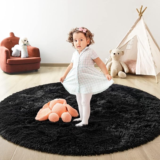 Black Round Rug for Bedroom, Super Fluffy Circle Rugs for Baby Nursery, 4'X4' Feet Furry Carpet for Children Kids Room, Cute Soft Shaggy Rug for Girls Home Decor, Fuzzy Plush Carpets for Dorm - LeafyLoom
