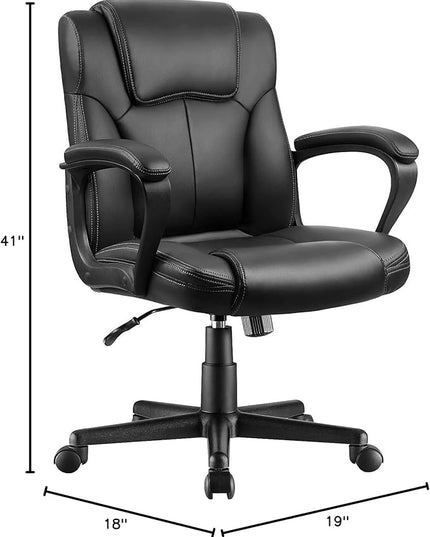 Executive Office Chair Swivel Task Seat with Ergonomic Mid-Back, Waist Support, PU Leather, Black - LeafyLoom