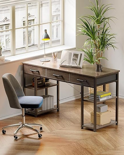 ODK Office Small Computer Desk: Home Table with Fabric Drawers & Storage Shelves, Modern Writing Desk, Grey Oak, 48"x16" - LeafyLoom