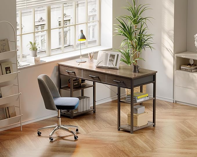 ODK Office Small Computer Desk: Home Table with Fabric Drawers & Storage Shelves, Modern Writing Desk, Grey Oak, 48"x16" - LeafyLoom