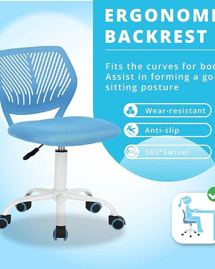 FurnitureR Writing Task Chair 360 Swivel,Low Mid PP Mesh Back Fabric Seat, Height Adjustable, Rolling Castor,W15.7”xD15.2”x H29.5-34.2",Blue - LeafyLoom