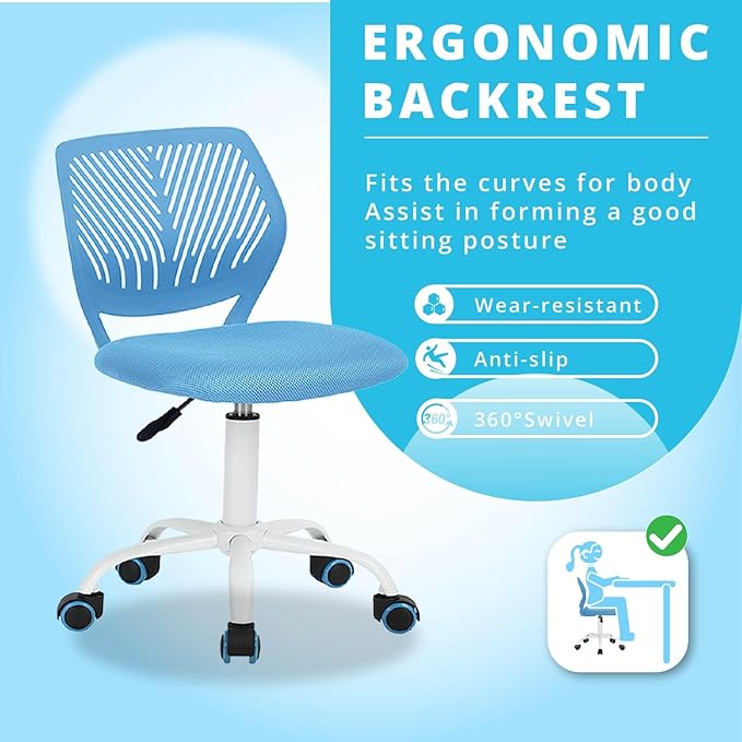 FurnitureR Writing Task Chair 360 Swivel,Low Mid PP Mesh Back Fabric Seat, Height Adjustable, Rolling Castor,W15.7”xD15.2”x H29.5-34.2",Blue - LeafyLoom