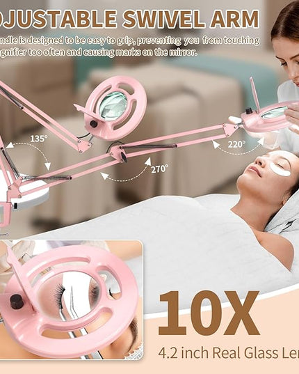 HITTI 2200 Lumens 10X Magnifying Glass with Light and Stand, 24W Super Bright Esthetician Light Magnifier, Stepless Dimmable Hands Free Magnfiying Lamp for Workbench Craft Painting Nail Hobby - Pink - LeafyLoom