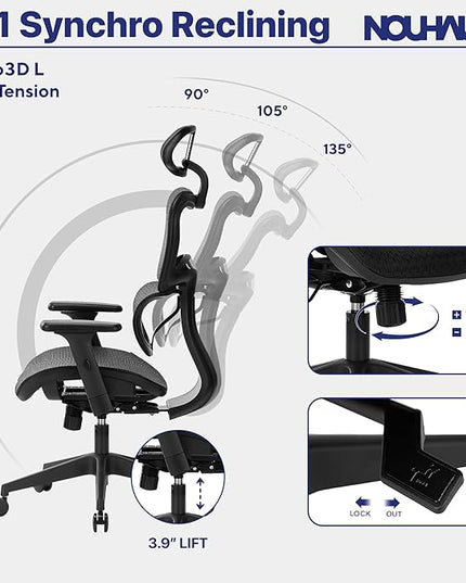 Nochaus Ergo3dL home office desk chairs ergonomic office chair High-Back Mesh Rolling Work Chairs with Wheels and Adjustable Headrests Comfortable Lumbar Support Adjustable Armrests - LeafyLoom