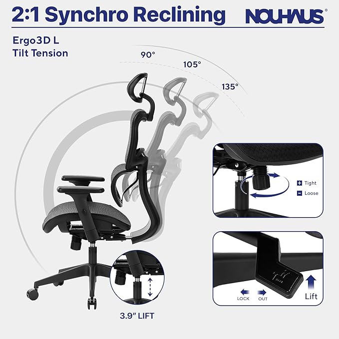 Nochaus Ergo3dL home office desk chairs ergonomic office chair High-Back Mesh Rolling Work Chairs with Wheels and Adjustable Headrests Comfortable Lumbar Support Adjustable Armrests - LeafyLoom
