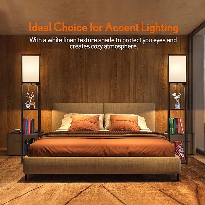 OUTON Floor Lamp with Shelves, LED Shelf Floor Lamp with USB & Type C Ports, 1 AC Outlet, 3 Color Temperature, Storage Display Wood Column Tall Standing Lamp for Living Room, Bedroom Office, Walnut - LeafyLoom