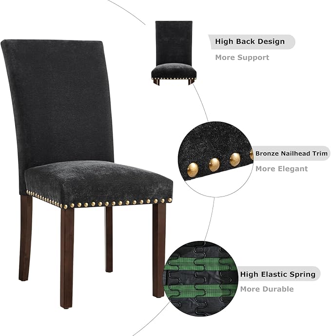COLAMY Upholstered Parsons Dining Chairs Set of 2, Fabric Dining Room Kitchen Side Chair with Nailhead Trim and Wood Legs - F-Black - LeafyLoom