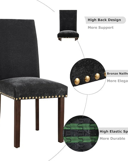 COLAMY Upholstered Parsons Dining Chairs Set of 6, Fabric Dining Room Kitchen Side Chair with Nailhead Trim and Wood Legs - F-Black - LeafyLoom