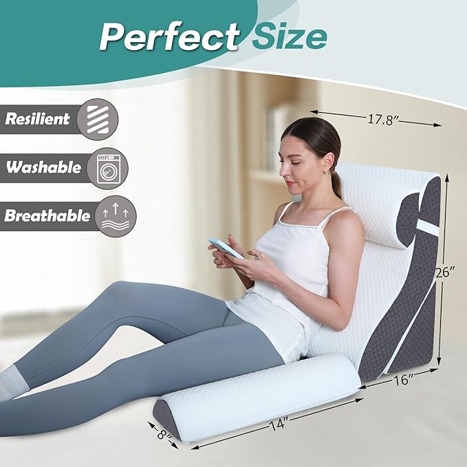 Adjustable 4pcs Bed Wedge Pillow Set, Post Surgery 100% Memory Foam for Back, Neck, Leg Pain Relief, Sitting Pillow for Acid Reflux and GERD, Comfortable Pillows for Sleeping Gray - LeafyLoom