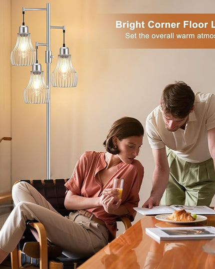 Dimmable Floor Lamp, 3 x 800LM LED Edison Bulbs Included, Farmhouse Industrial Floor Lamp Standing Tree Lamp with Elegant Cage Tall Lamps for Living Room Bedroom Office - Silver - LeafyLoom