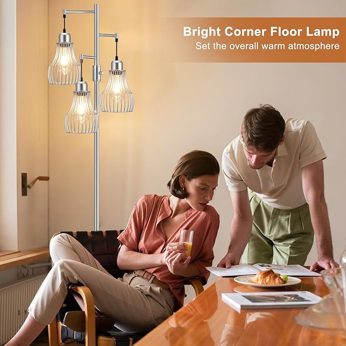 Dimmable Floor Lamp, 3 x 800LM LED Edison Bulbs Included, Farmhouse Industrial Floor Lamp Standing Tree Lamp with Elegant Cage Tall Lamps for Living Room Bedroom Office - Silver - LeafyLoom