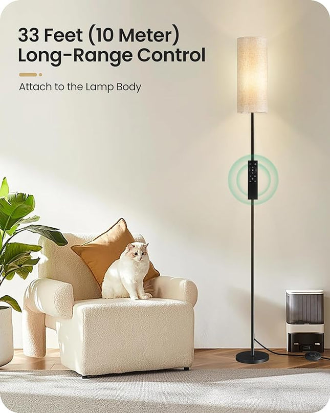 Dimmable Floor Lamp for Living Room, Corner Floor Lamp with Remote, 66'' Standing Tall Lamp, Linen Lampshade, 10W 800LM LED Bulb for Bedroom Study, FCC Listed, Black and Beige E06LD05 - LeafyLoom