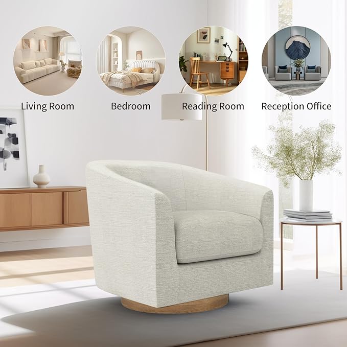 MUUEGM Accent Chair with Arms, 360 Degree Swivel Accent Chair with Wood Base, Modern Barrel Chair for Living Room, Bedroom, Waiting Room, Fully Assembled,Performance Fabric in Ivory White - LeafyLoom