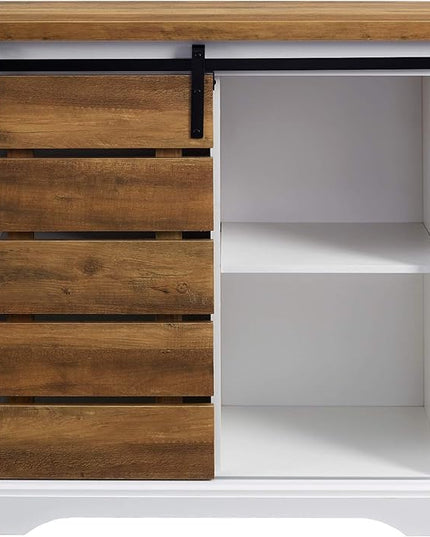 Walker Edison Willa Modern Farmhouse Sliding Single Slat Door Storage Console, 32 Inch, White and Rustic Oak - LeafyLoom