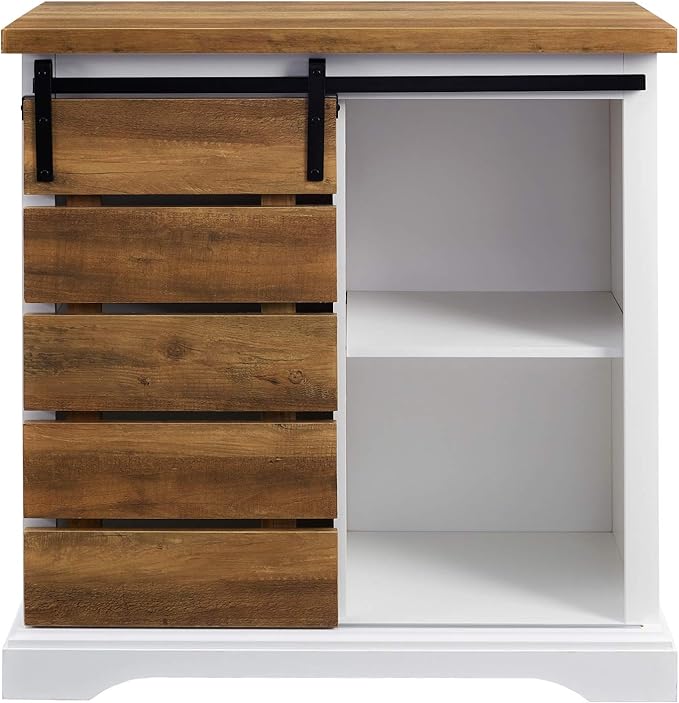 Walker Edison Willa Modern Farmhouse Sliding Single Slat Door Storage Console, 32 Inch, White and Rustic Oak - LeafyLoom