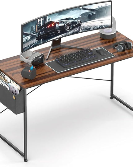 MoNiBloom 55 Inches Large Computer Desk with Storage Bag, Study Work Writing Table w/Metal Frame for Home Office, Walnut Color - LeafyLoom