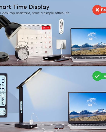 Desk Lamp with USB Charging Port: LED Eye-Caring Smart Table light for Home Office - 1 Type-C, 1 USB-A Charging Port, 2 AC Power Outlets. - LeafyLoom