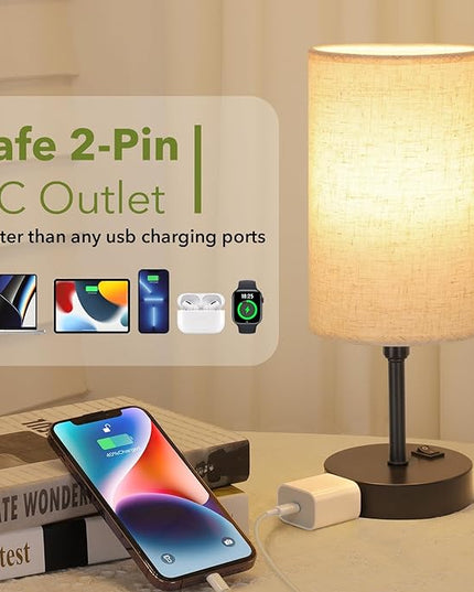 GGOYING Set of 2 Bedside Table Lamp, Bedroom Lamps with 3-Color Modes, AC Outlet, Linen Round Lampshade Nightstand Lamp for Livingroom Reading Working - LeafyLoom