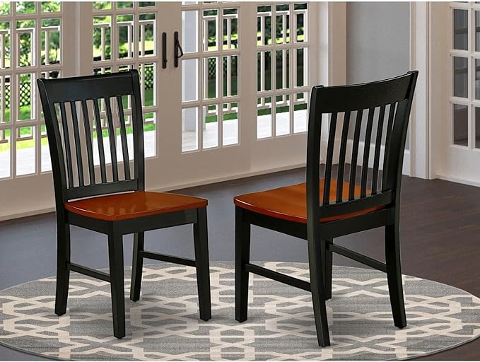 East West Furniture Norfolk Dining Slat Back Wood Seat Kitchen Chairs, Set of 2, Black & Cherry - LeafyLoom