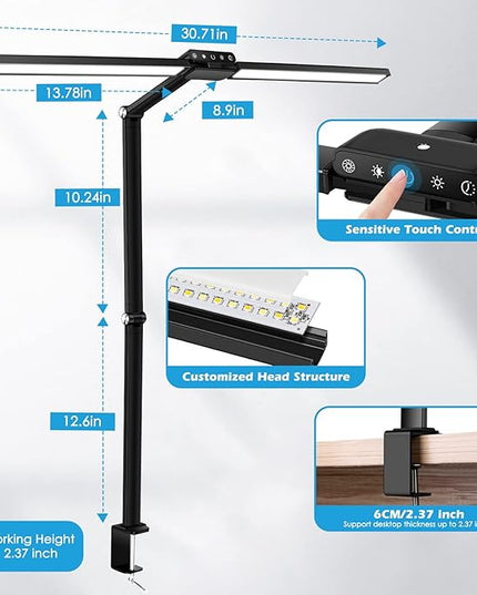 Double Head LED Desk Lamp for Home Office, 24W Bright Architect Task Light, Dimmable Desk Clamp Lamp with 25 Lighting Modes for Reading Study Workbench, Black - LeafyLoom