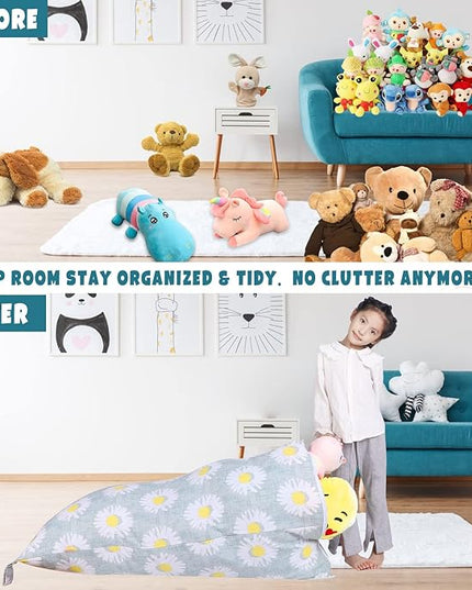 Stuffed Animal Storage Bean Bag Chair Cover, Canvas Daisy Plush Toy Storage Stuff and Sit Seat for Kids/Teens/Adults, 52" x 31" Extra Large Triangle Floor Sofa Lounger, 200L/52Gal, Cover Only - LeafyLoom