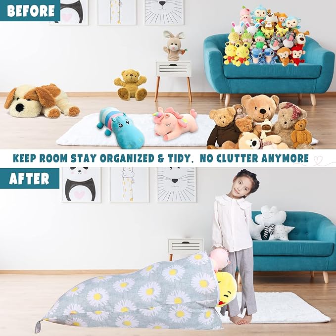 Stuffed Animal Storage Bean Bag Chair Cover, Canvas Daisy Plush Toy Storage Stuff and Sit Seat for Kids/Teens/Adults, 52" x 31" Extra Large Triangle Floor Sofa Lounger, 200L/52Gal, Cover Only - LeafyLoom