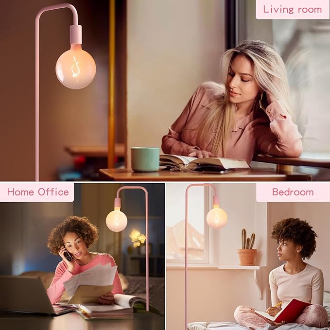 Pink Floor Lamp for Bedroom, Cute Standing Lamp with LED Bulb, Translucent Pink Globe Glass 2700k Warm Lighting. Globe Floor Lamp for Livingroom, Bedroom,Office - LeafyLoom