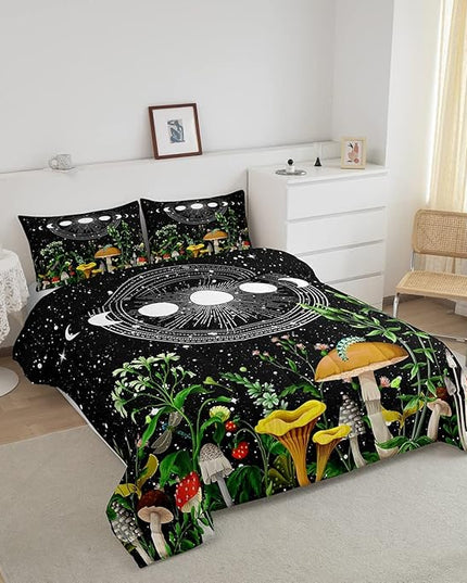 Cute Mushroom Comforter Set Sun and Moon All Season Down Comforter for Kids Boys Girls Teens Trippy Decor Boho Galaxy Constellations Bedding Set Starry Sky Wild Flowers Quilt Set Room Decor Full Size - LeafyLoom